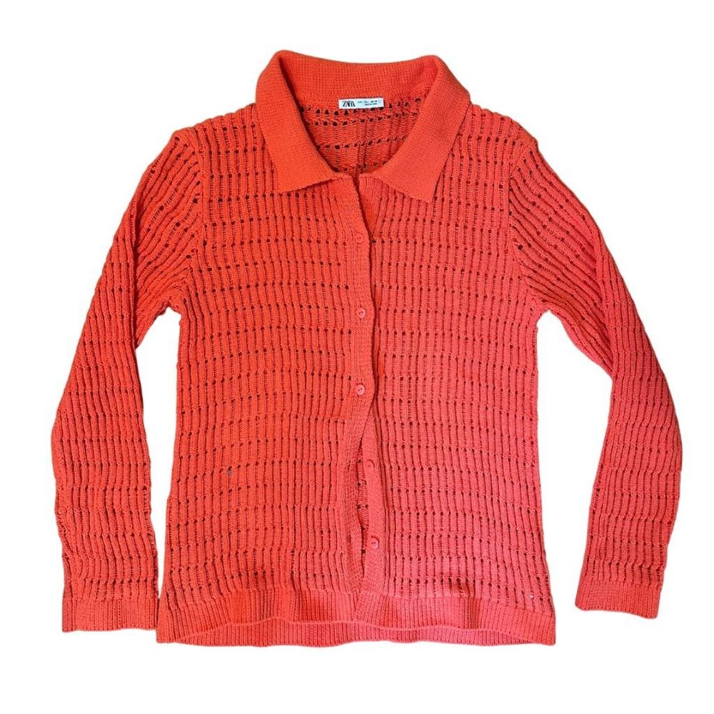 Zara Coral Open-Knit Button Front Long Sleeve Top